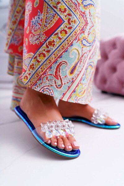 Damskie Klapki Z Cyrkoniami Lu Boo Benzynowe Niebieskie Mediana