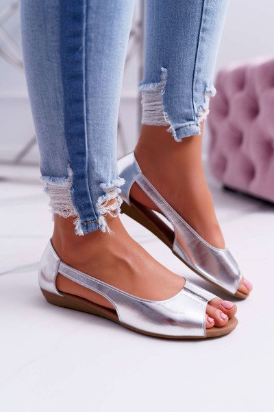 Baleriny Damskie Peep Toe Srebrne Ereli
