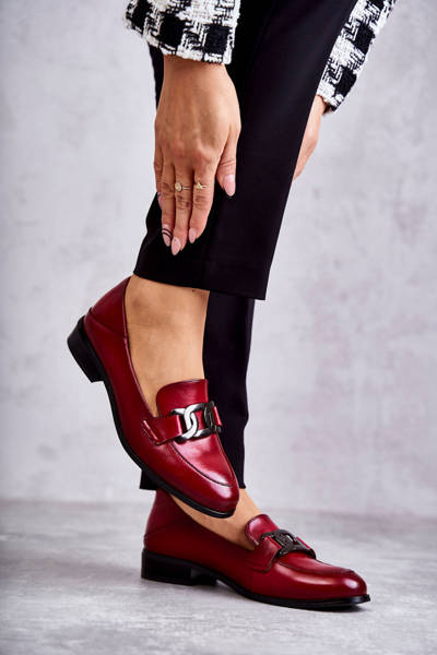 Modne Skórzane Półbuty Loafery Bordowe Trine