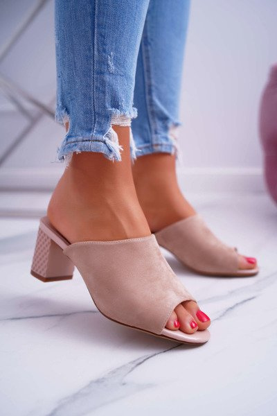 Klapki Damskie Eleganckie Na Słupku Sergio Leone KL315 Beżowe Demilo