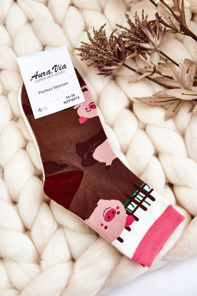 Damskie Śmieszne Skarpety Nie Do Pary Świnki Biało-Brązowe