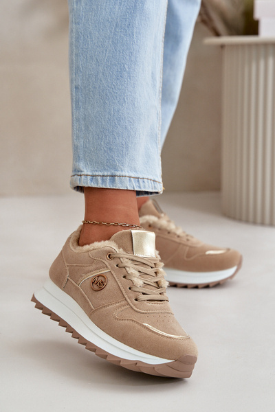 Buty Sportowe Damskie Ocieplane Futerkiem Na Platformie Khaki Lerisas
