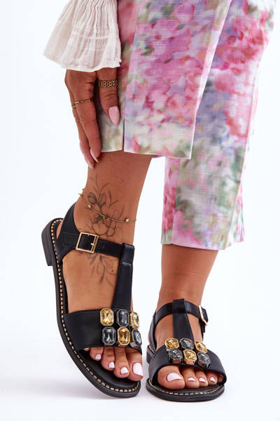 Damskie Sandały S.Barski Z Kamieniami KV-2775-30 Czarne