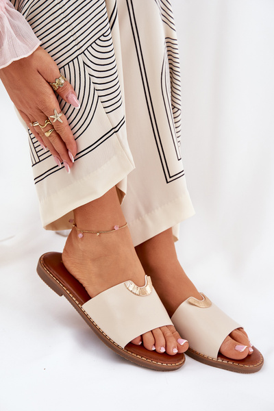 Klapki Damskie Eko Skórzane Z Ozdobnymi Detalami Beżowe Mevith