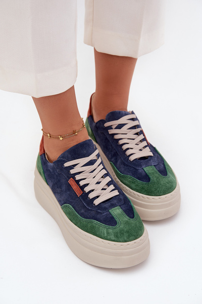 Zamszowe Sneakersy Damskie Na Platformie Zazoo N1269S3 Zielono-Granatowe