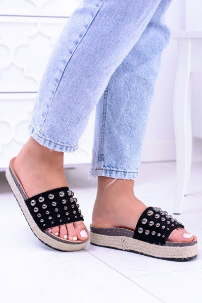 Damskie Czarne Klapki z Cyrkoniami Orto