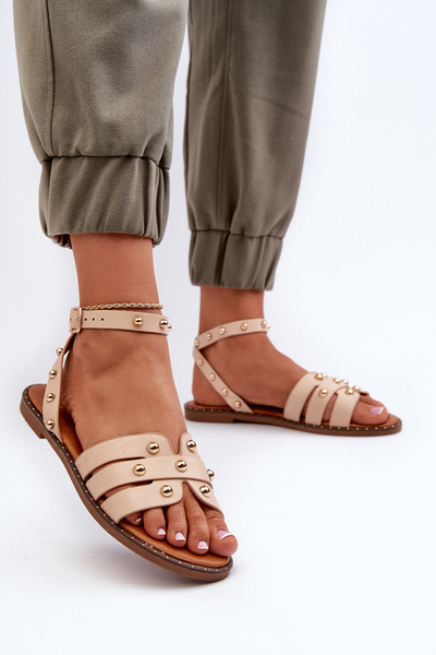 Zdobione Sandały Damskie Na Płaskim Obcasie Beżowe Ianaera