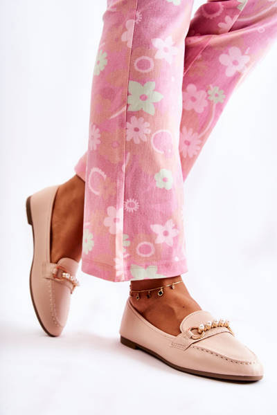 Damskie Skórzane Mokasyny Z Ozdobnymi Perłami Beżowe Sergia