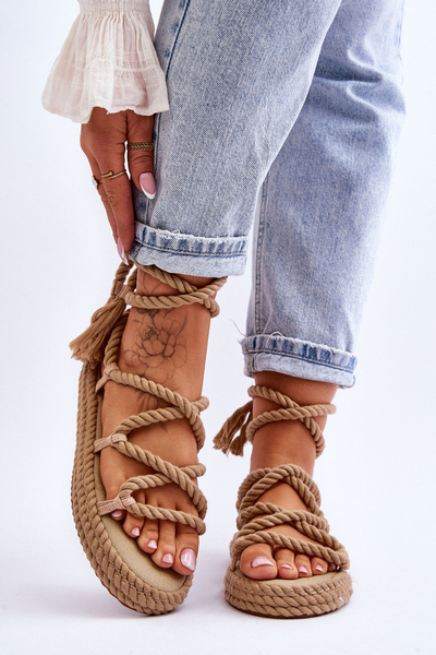 Wiązane Sandałki Na Masywnej Platformie Ciemnobeżowe Can't Wait