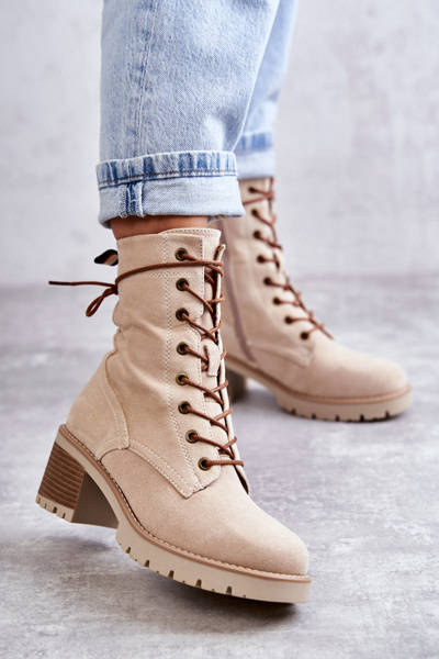 Damskie Ocieplane Botki Trapery Na Obcasie Beżowe Julieta