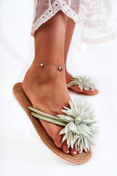 Damskie Klapki Japonki Z Materiałową Ozdobą Zielone Eviana