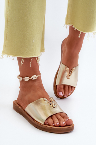 Klapki Damskie Na Płaskiej Podeszwie Z Ozdobą Eko Skórzane Złote Makia