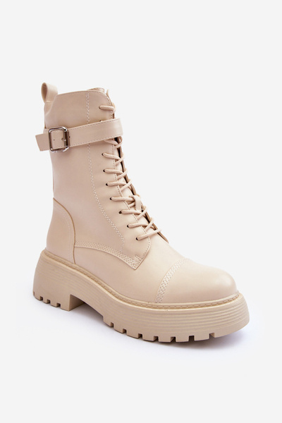 Skórzane Botki Workery Na Płaskim Obcasie Z Klamrą Jasnobeżowe Samivlo