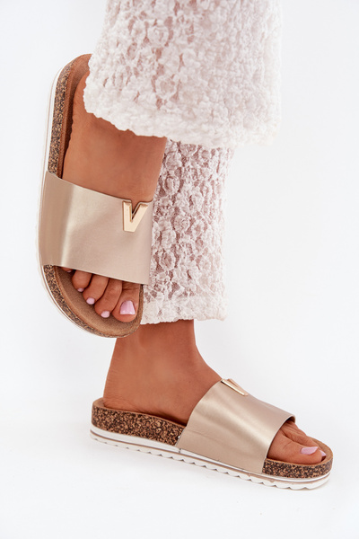 Klapki Damskie Na Korkowej Platformie Z Ozdobnym Detalem Złote Vessira