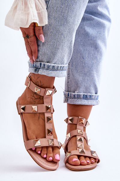 Skórzane Damskie Sandały Z Dużymi Ćwiekami Nude Mishigan