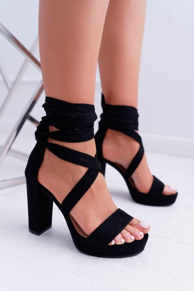 Sandały Damskie Na Słupku Platforma Wiązane Czarne LaFiesta