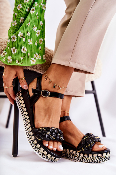 Damskie Plecione Sandały Na Koturnie Czarne Chaves