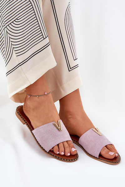 Klapki Damskie Na Płaskim Obcasie Z Ozdobnymi Detalami Fioletowe Saliena