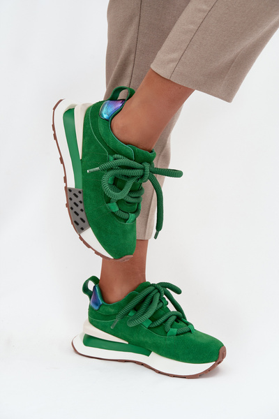 Zamszowe Sneakersy Damskie Na Platformie Z Grubym Sznurowaniem Artiker 55C0136 Zielone