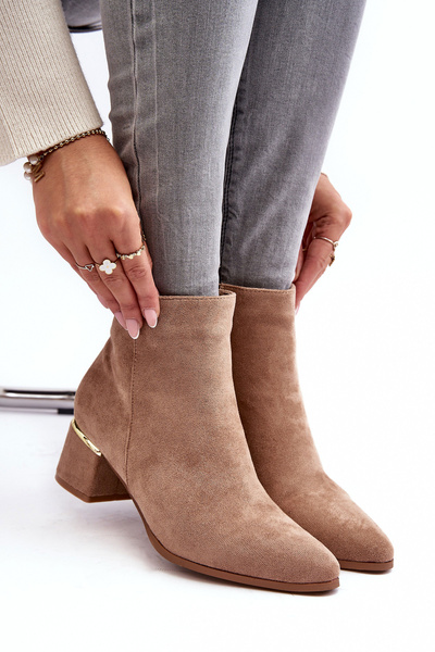 Zamszowe Damskie Botki Na Obcasie Beżowe Mebassa