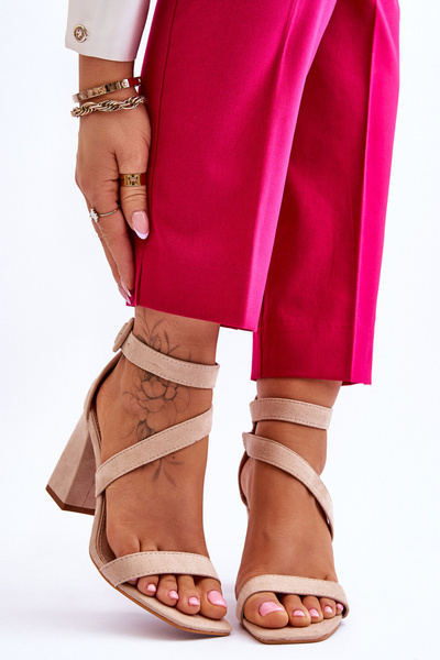 Damskie Zamszowe Sandały Na Obcasie Beżowe Lanes