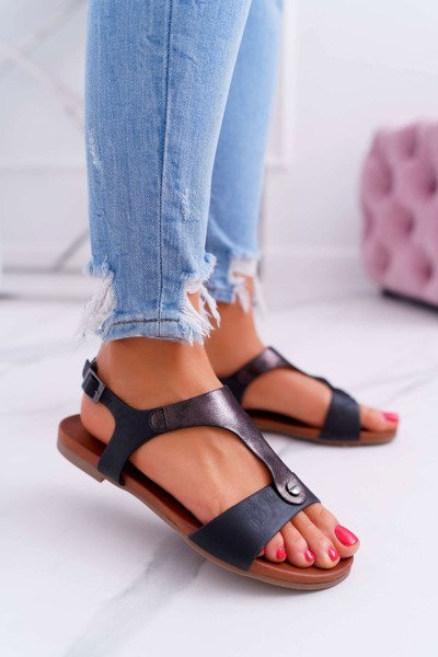 Sandały Damskie Płaskie Czarne Verner