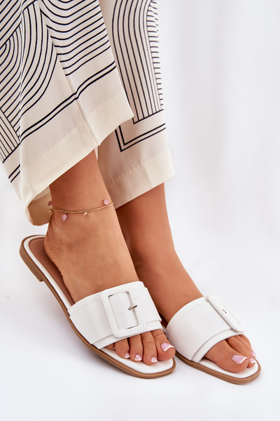 Płaskie Klapki Damskie Eko Skórzane Z Klamrą Białe Bamma