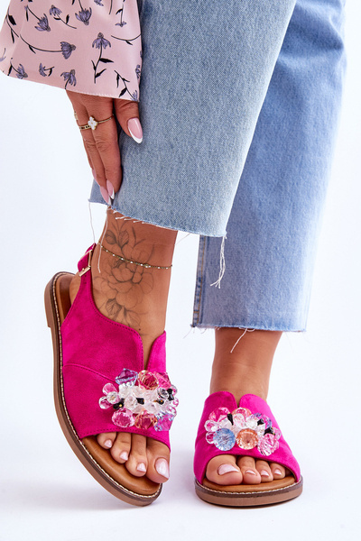 Damskie Zamszowe Sandały Z Kamieniami Fuksja Mersea