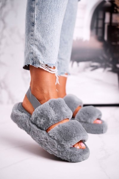Papcie Damskie na Platformie Futrzane Szare Cotton Candy