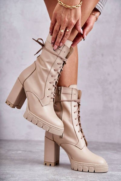 Damskie Skórzane Botki Na Platformie Beżowe Edna