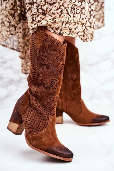 Damskie Botki Na Słupku Skórzane Wysokie Koniak Rosemary