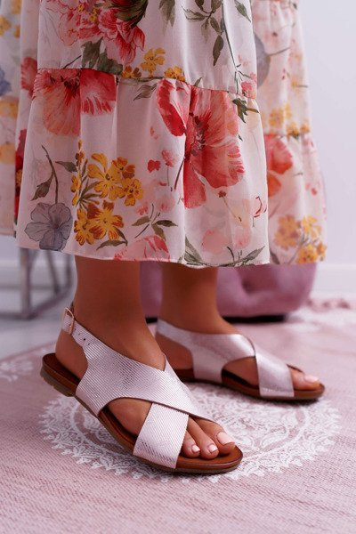 Sandały Damskie Płaskie Skórzane Laura Messi Różowe 1960