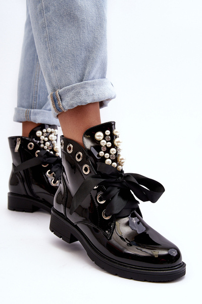 Lakierowane Zdobione Botki Czarne Sirdre