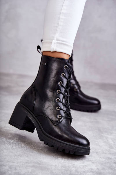 Damskie Ocieplane Botki Na Obcasie Czarne Grethe