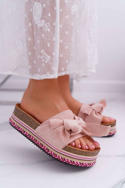 Klapki Damskie Na Platformie Z Kokardą Różowe Chantal