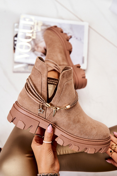 Zamszowe Botki Workery Z Paskami Beżowe Moriah