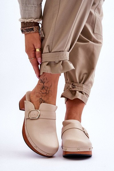 Damskie Skórzane Klapki Chodaki Beżowe Fanett