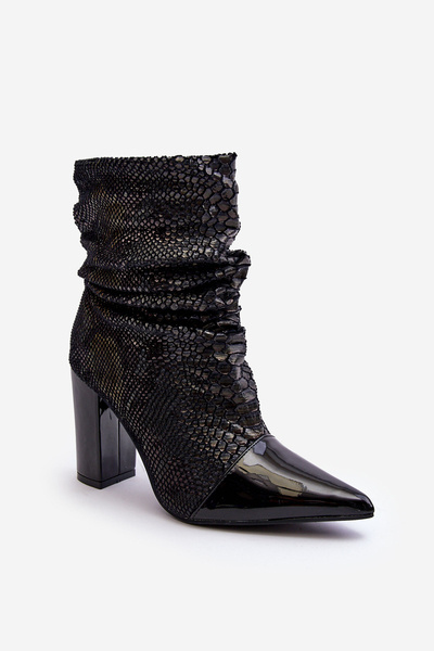 Marszczone Wężowe Botki Na Obcasie Czarne Casima
