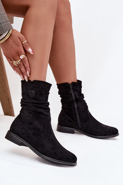 Ocieplane Botki Damskie Z Marszczoną Cholewką Na Płaskim Obcasie Czarne Krisia