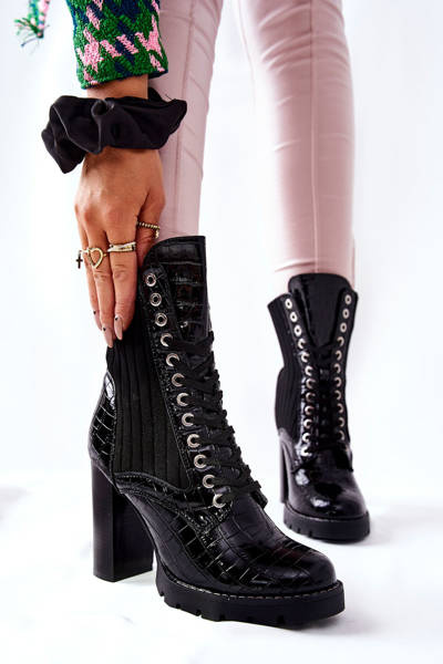 Damskie Botki Na Słupku Wysokie Wzór Krokodyla Czarne Erdogan