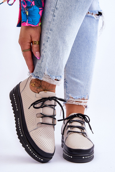 Skórzane Ażurowe Buty Sportowe Beżowe Leonor