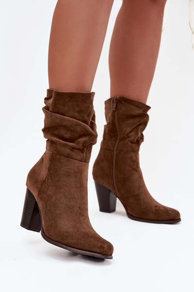 Botki Damskie Na Słupku Z Marszczeniem Brązowe Jovessa