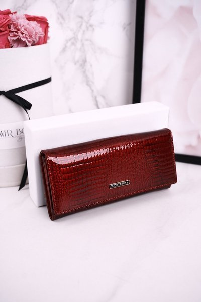 Duży Skórzany Portfel Damski LORENTI Lakierowany Czerwony