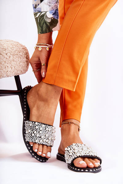 Damskie Klapki Z Perełkami Czarne Vamero