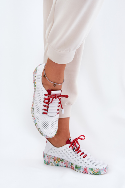 Skórzane Półbuty Na Wzorzystej Platformie Artiker 54C1567 Biało-Czerwone