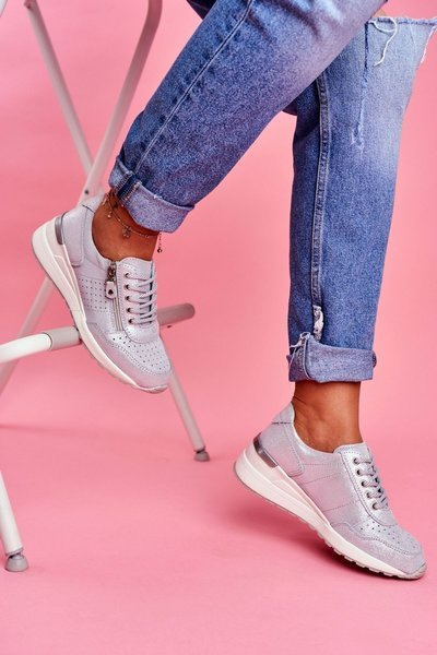Sportowe Damskie Buty Sneakersy Skórzane Srebrne FT20-8675 Better Way