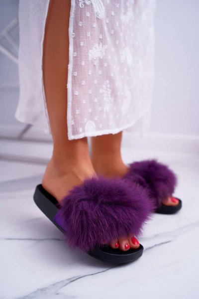 Klapki Damskie Z Futerkiem Fioletowe Mellow