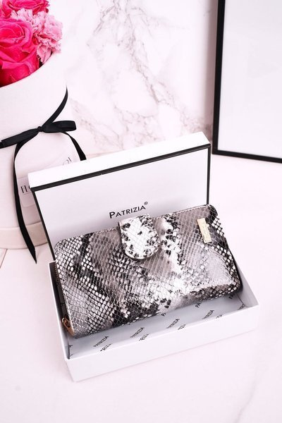 Duży Skórzany Portfel Damski PATRIZIA Lakierowany Szary