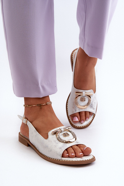 Eleganckie Sandały Damskie Ze Złotą Ozdobą Na Płaskim Obcasie Srebrne S.Barski KV27-053