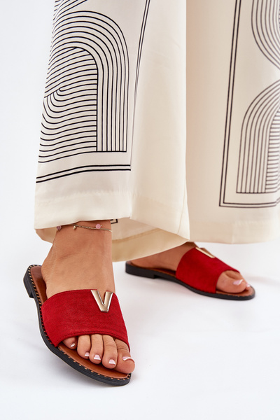 Klapki Damskie Na Płaskim Obcasie Z Ozdobnymi Detalami Czerwone Saliena